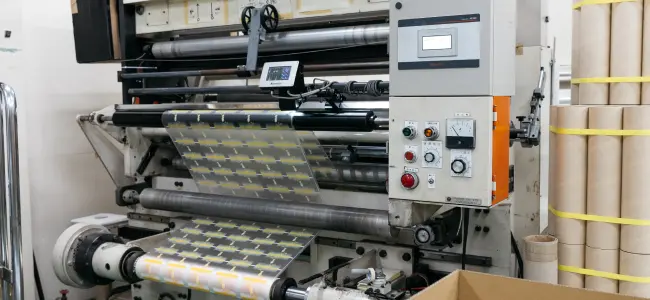 スリッター1号機でフィルムを指定の幅にカットする工程