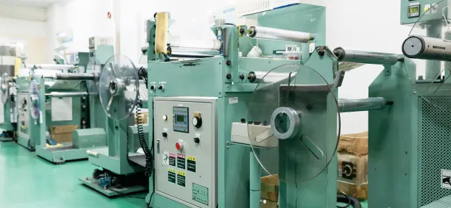 チューブ印刷後の品質を確認する巻き返し検査機と検査作業の様子